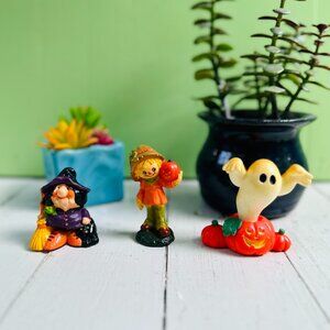 Vintage Halloween Figurines Lot Set of Three Ghost Witch Scarecrow Knick Knacks
